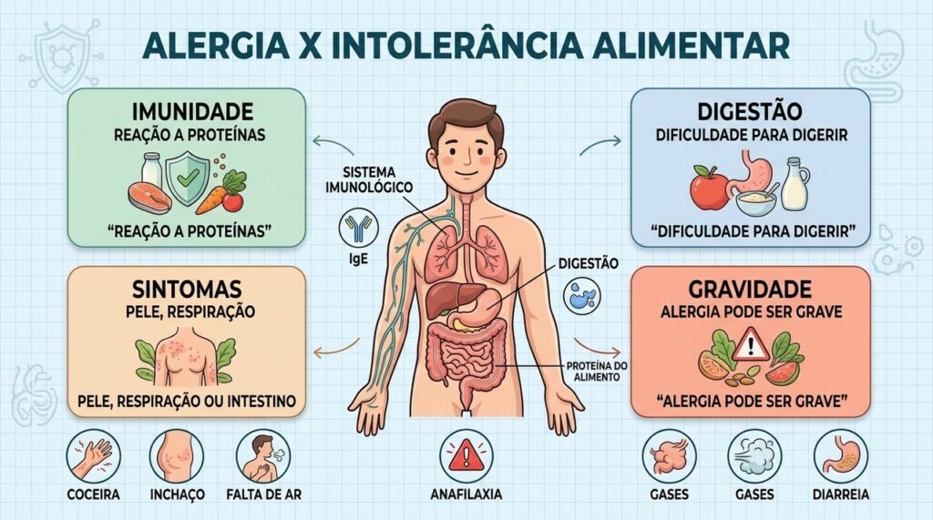 Alergia envolve imunidade; intolerância está ligada principalmente à digestão dos alimentos.