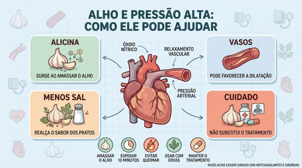 Alicina, relaxamento vascular e redução do sal explicam o possível benefício cardiovascular do alho.