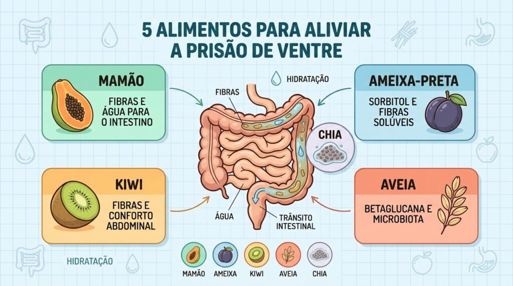 Cinco alimentos ricos em fibras e compostos naturais podem ajudar no combate à prisão de ventre.