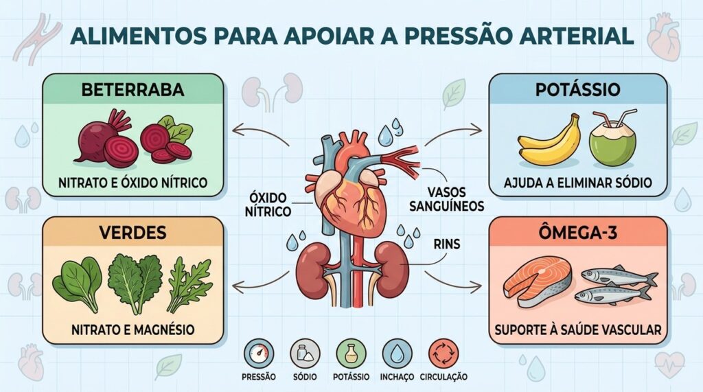 Beterraba, potássio, folhas verdes e ômega-3 apoiam vasos, rins e circulação.