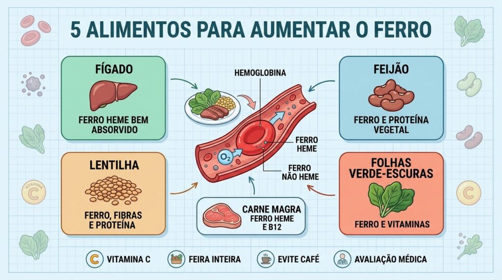 Cinco alimentos ricos em ferro e estratégias simples ajudam no combate à anemia ferropriva.