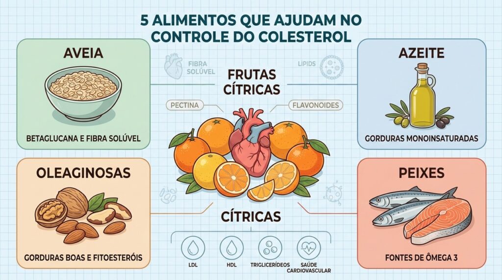 Aveia, azeite, oleaginosas, peixes e cítricos atuam de formas complementares no colesterol.