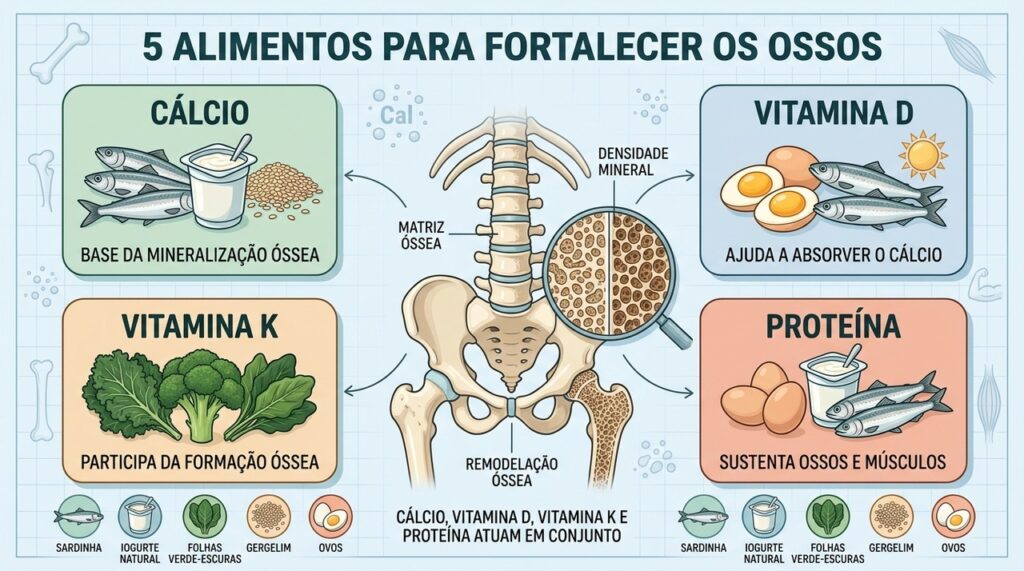 Cálcio, vitaminas D e K e proteína sustentam a saúde dos ossos.