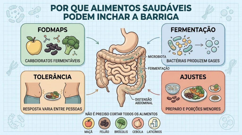 FODMAPs, fermentação, tolerância individual e preparo ajudam a explicar o inchaço abdominal.
