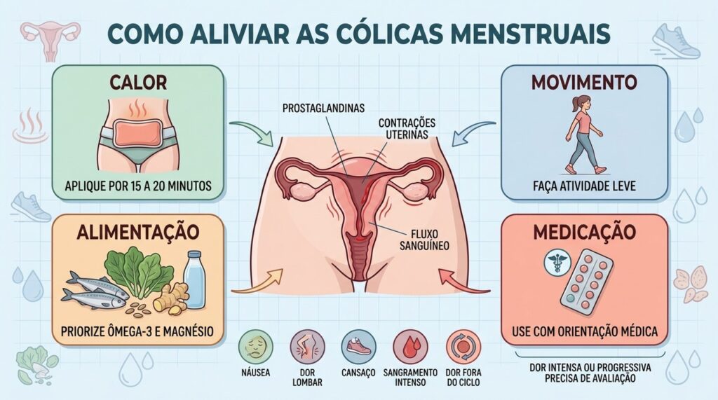 Calor, movimento, alimentação e orientação médica ajudam a controlar as cólicas menstruais.