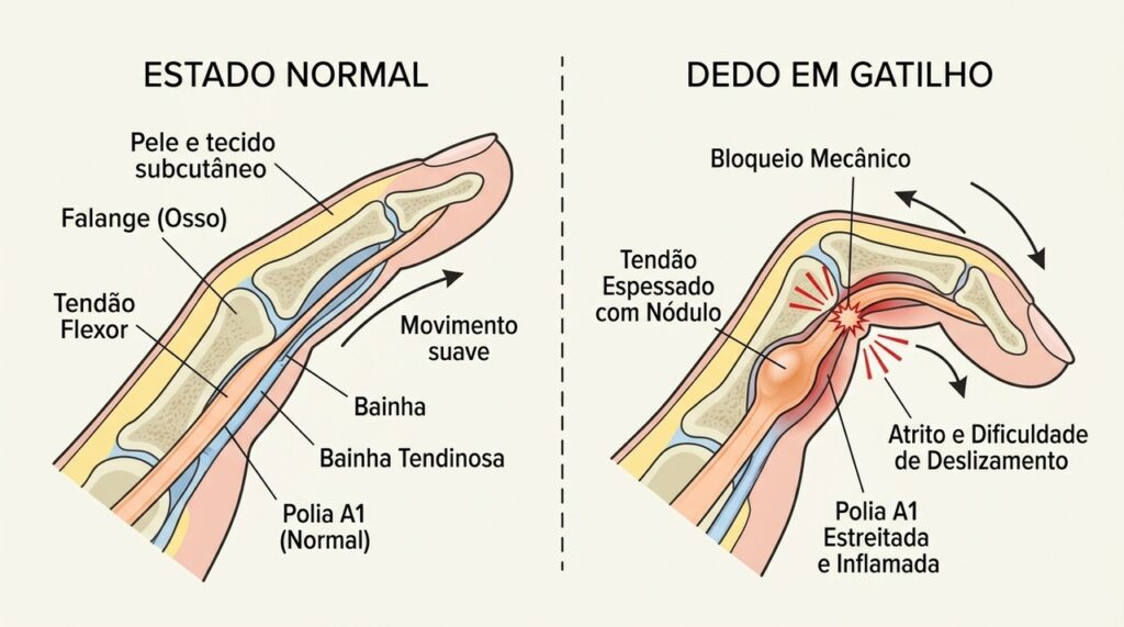 No dedo em gatilho, o tendão pode prender na bainha e causar travamento, rigidez e estalo ao movimento.