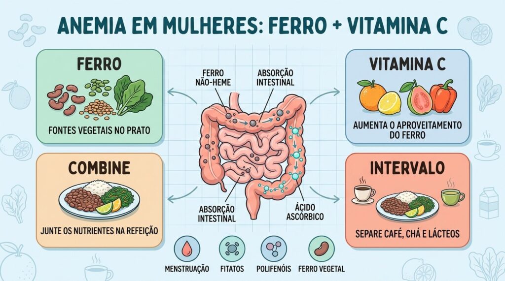 Quatro pilares: ferro vegetal, vitamina C, combinações adequadas e intervalos para café e chá.