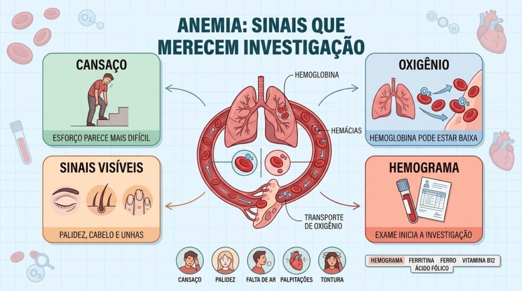 Cansaço, palidez, falta de ar e alterações no hemograma ajudam a investigar anemia.