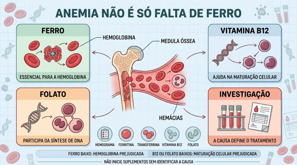 Ferro, B12, folato e exames ajudam a diferenciar as principais causas de anemia.
