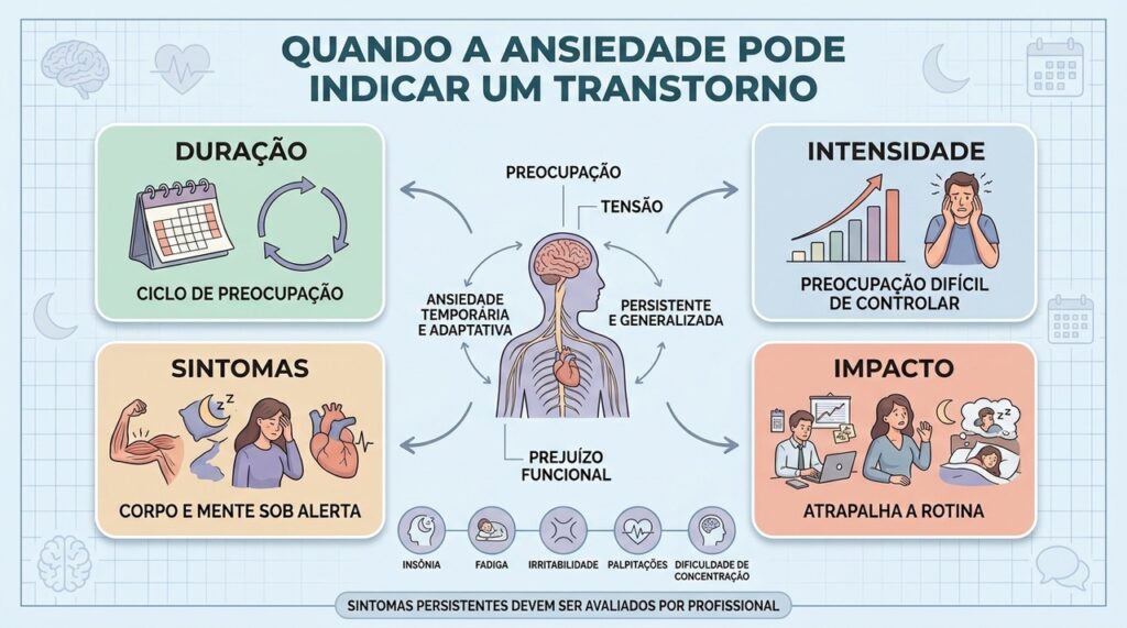 Duração, intensidade, sintomas e prejuízo funcional ajudam a diferenciar ansiedade comum de transtorno.