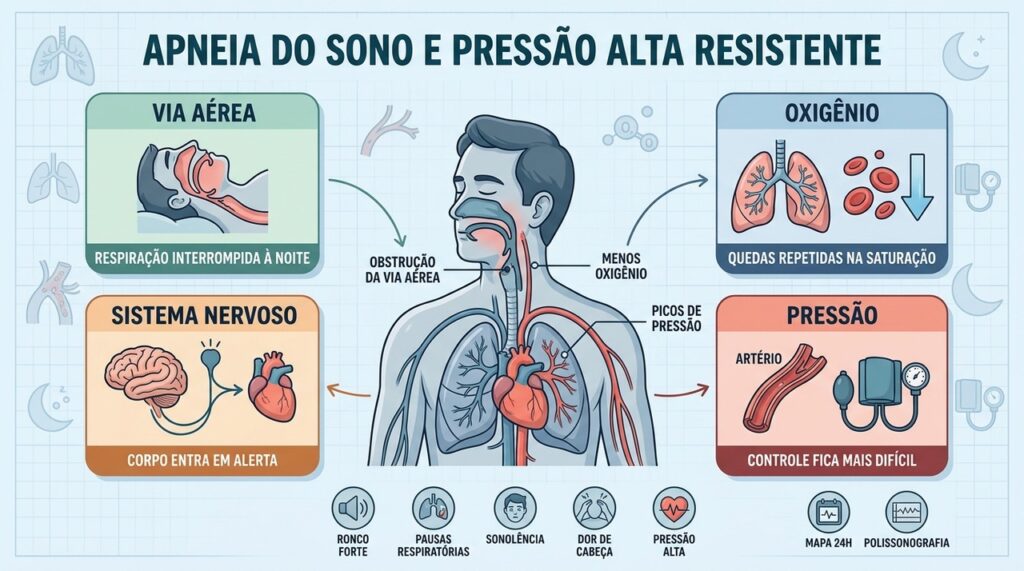 Apneia, queda de oxigênio e ativação simpática podem sustentar a hipertensão resistente.