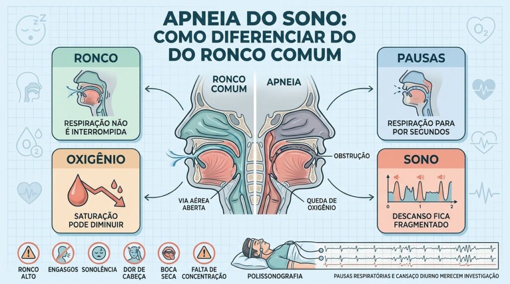 Ronco, pausas respiratórias, queda de oxigênio e sono fragmentado ajudam a identificar apneia.