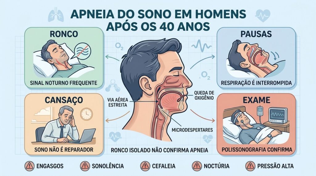 Ronco, pausas respiratórias, cansaço e microdespertares ajudam a reconhecer possível apneia.