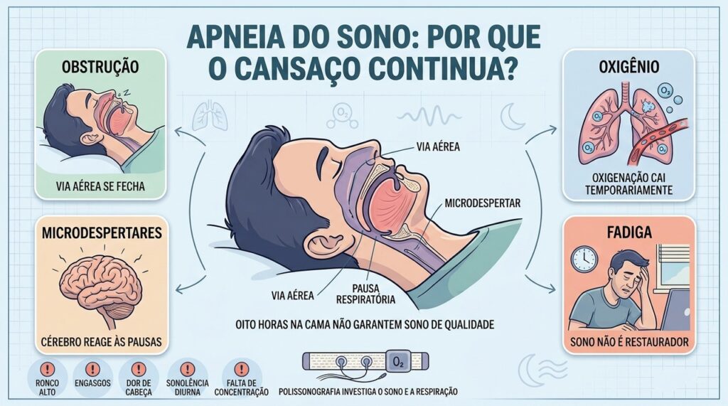 Obstrução, queda de oxigênio e microdespertares explicam o cansaço persistente.