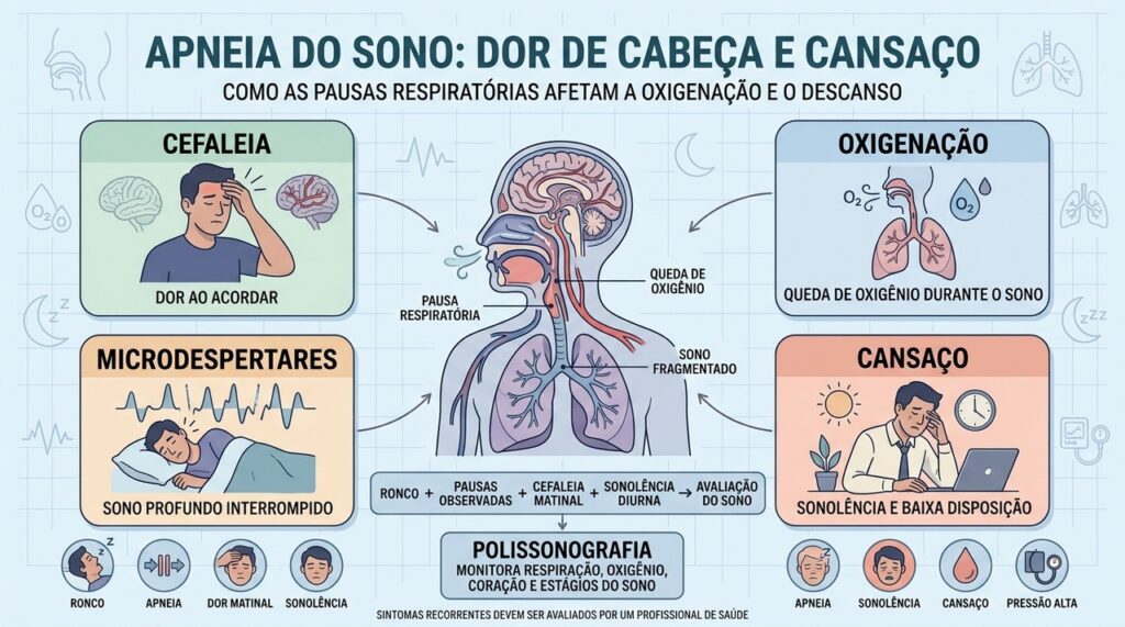 Cefaleia, queda de oxigênio, microdespertares e sonolência ajudam a reconhecer apneia.
