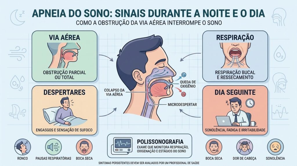 Obstrução da via aérea, microdespertares e sonolência formam o ciclo típico da apneia.