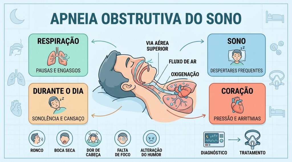 A AOS interrompe a respiração durante o sono e pode afetar oxigenação e saúde cardiovascular.