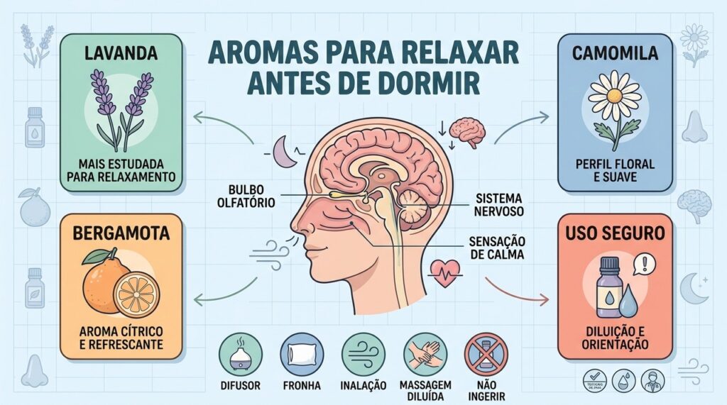 Lavanda, camomila e bergamota são opções estudadas para complementar o relaxamento antes de dormir.