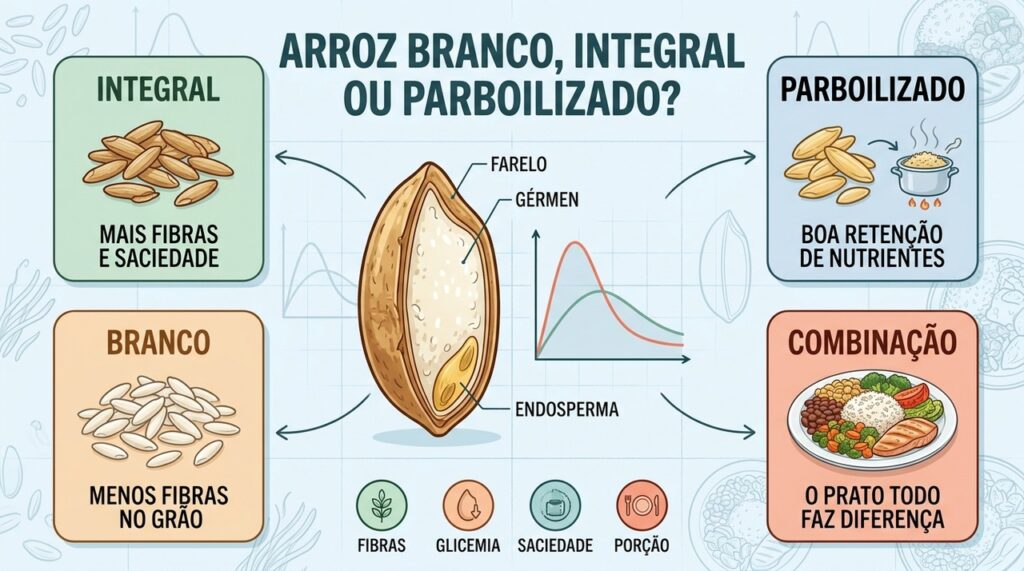 Fibras, processamento, glicemia e combinação do prato ajudam a comparar os tipos de arroz.