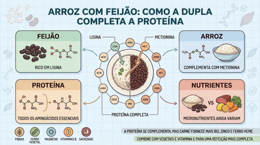Lisina e metionina se complementam, formando proteína completa no arroz com feijão.