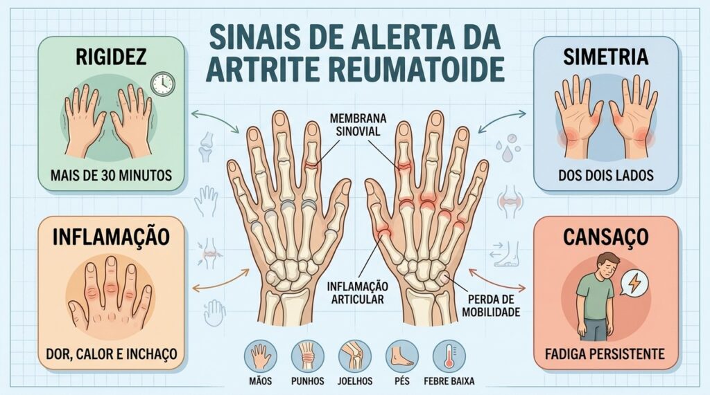 Rigidez, simetria, inflamação e fadiga ajudam a reconhecer artrite reumatoide precocemente.