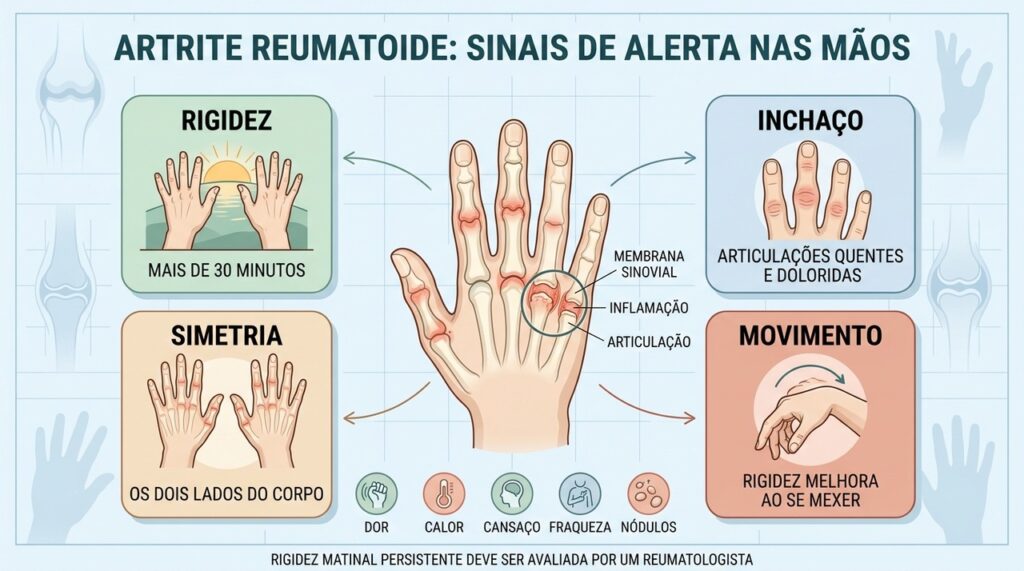 Rigidez, inchaço, simetria e inflamação ajudam a reconhecer artrite reumatoide nas mãos.