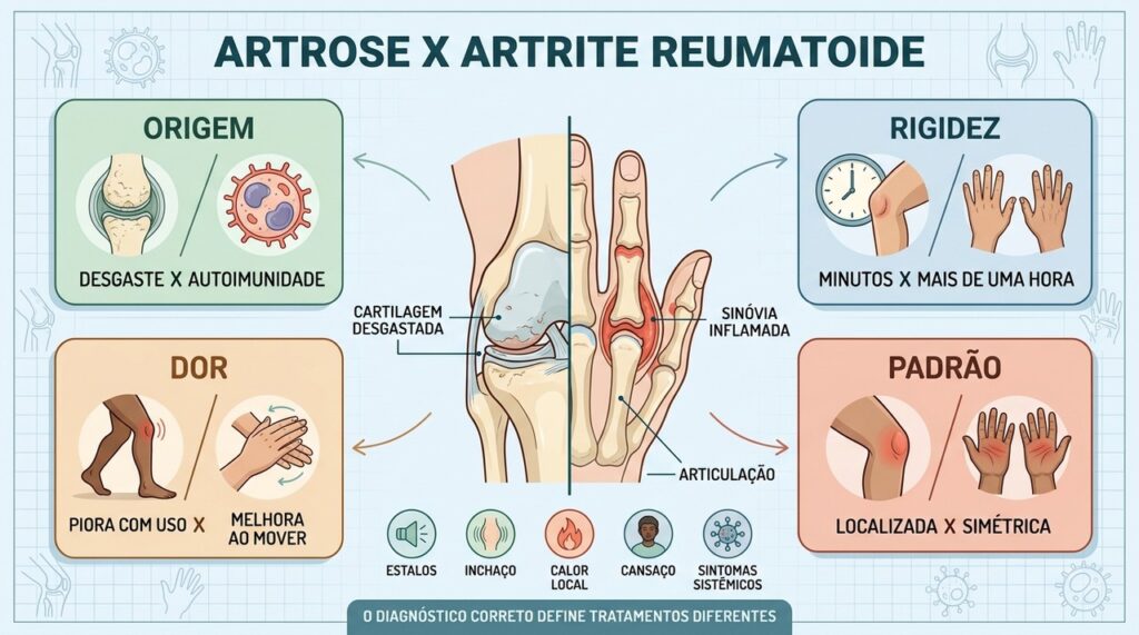 Origem, rigidez, padrão da dor e simetria diferenciam artrose e artrite reumatoide.