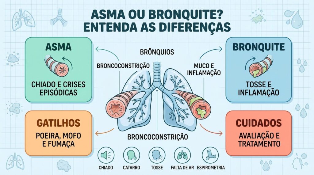 Asma envolve broncoconstrição reversível; bronquite pode envolver infecção, muco ou doença crônica.