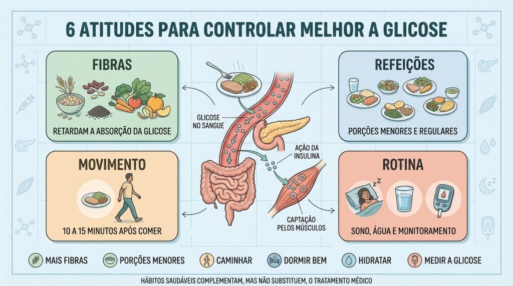 Fibras, refeições, caminhada, sono, hidratação e monitoramento ajudam no controle glicêmico.