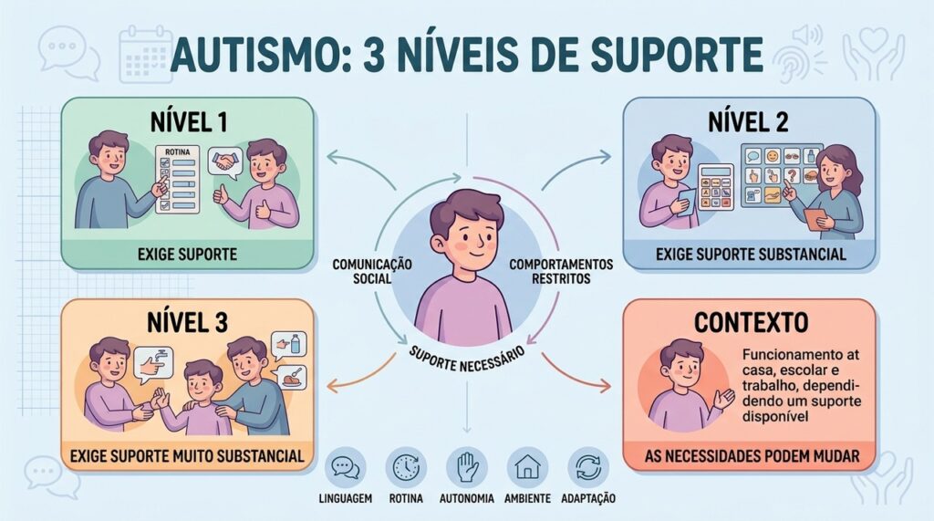Níveis 1, 2 e 3 descrevem quanto suporte a pessoa autista necessita no cotidiano.