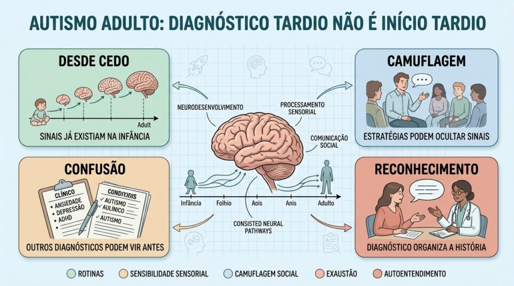 Infância, camuflagem, diagnósticos prévios e reconhecimento explicam o autismo identificado tardiamente.