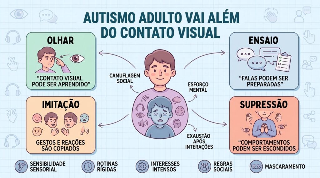 Olhar, ensaio, imitação e supressão mostram diferentes formas de mascaramento no autismo.