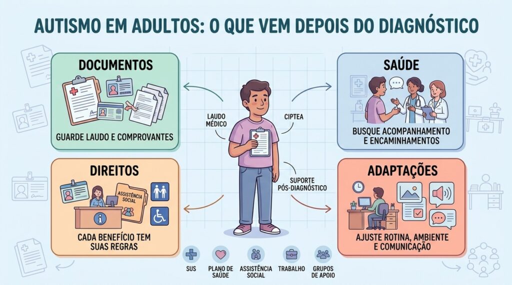 Documentos, saúde, direitos e adaptações organizam a jornada após o diagnóstico de autismo.
