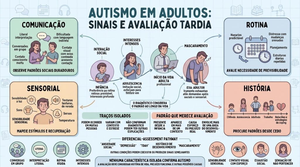 Comunicação, rotina, sensorialidade e história ajudam a orientar a avaliação tardia.