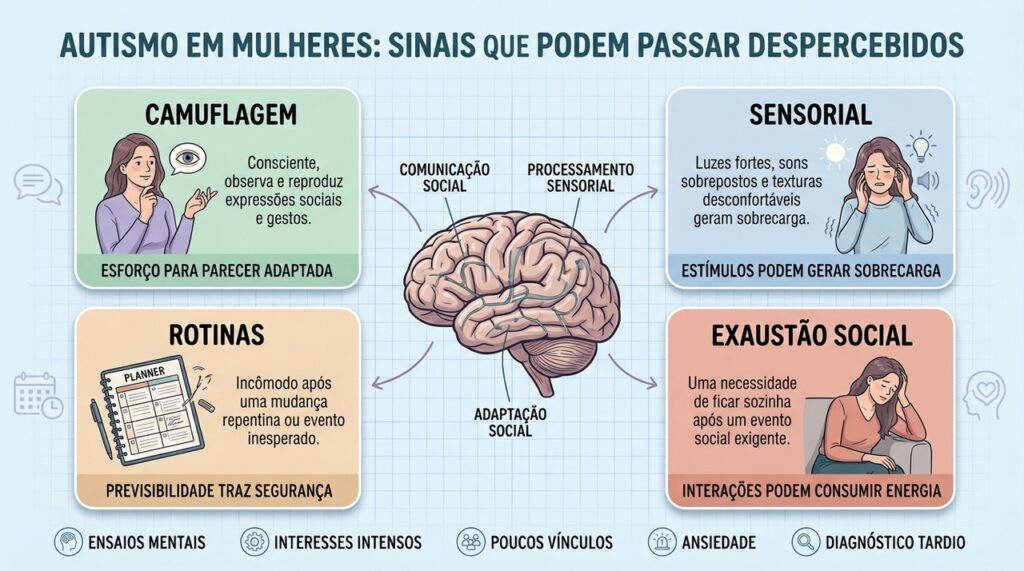Camuflagem, sensibilidade, rotinas e exaustão social ajudam a reconhecer o autismo feminino.