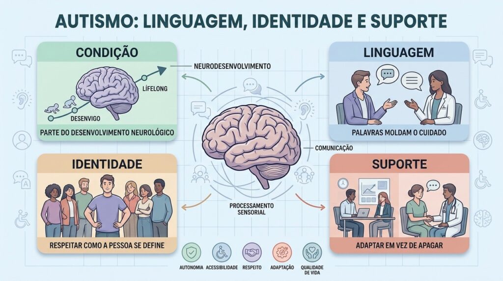 Condição, linguagem, identidade e suporte orientam uma abordagem mais respeitosa do autismo.