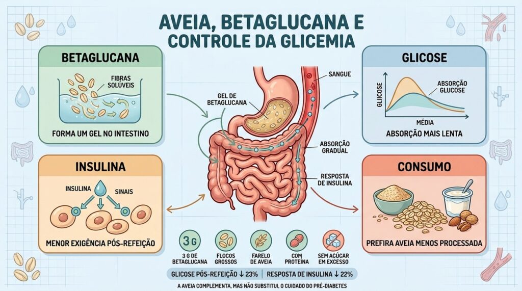 Betaglucana, absorção lenta, menor resposta insulínica e preparo adequado explicam o efeito da aveia.