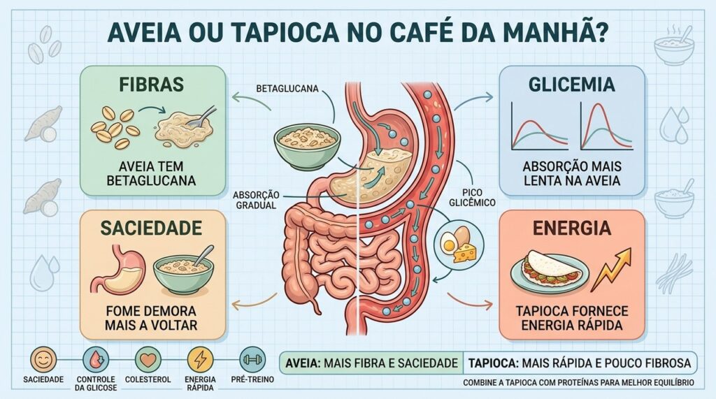 Fibras, glicemia, saciedade e velocidade de energia diferenciam aveia e tapioca.
