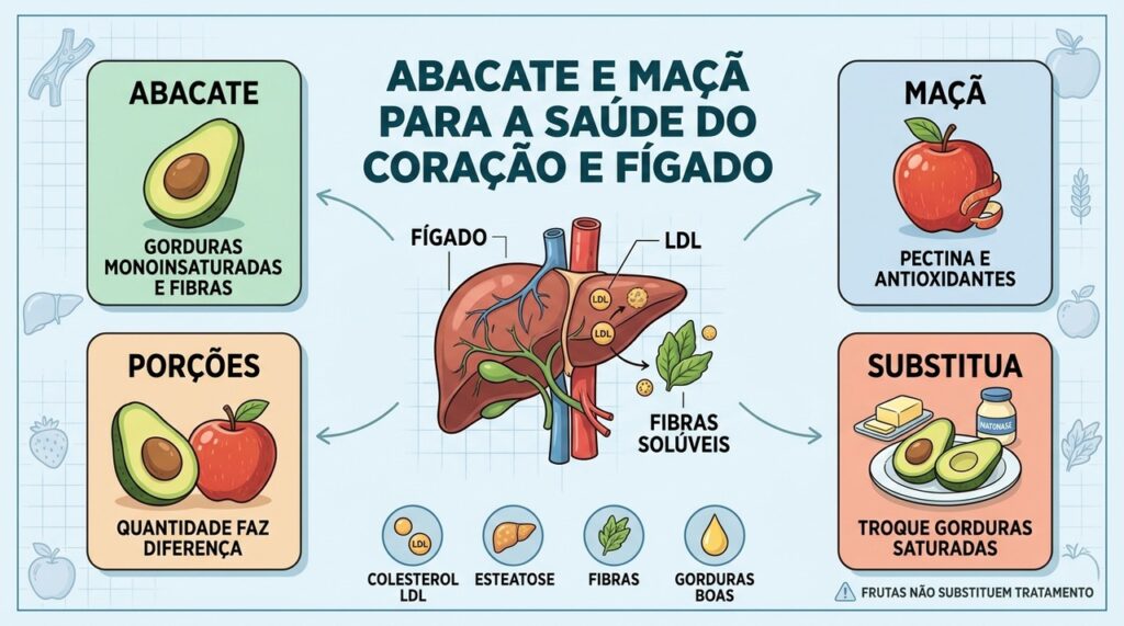 Abacate e maçã oferecem nutrientes diferentes que podem contribuir para o equilíbrio do colesterol e fígado.