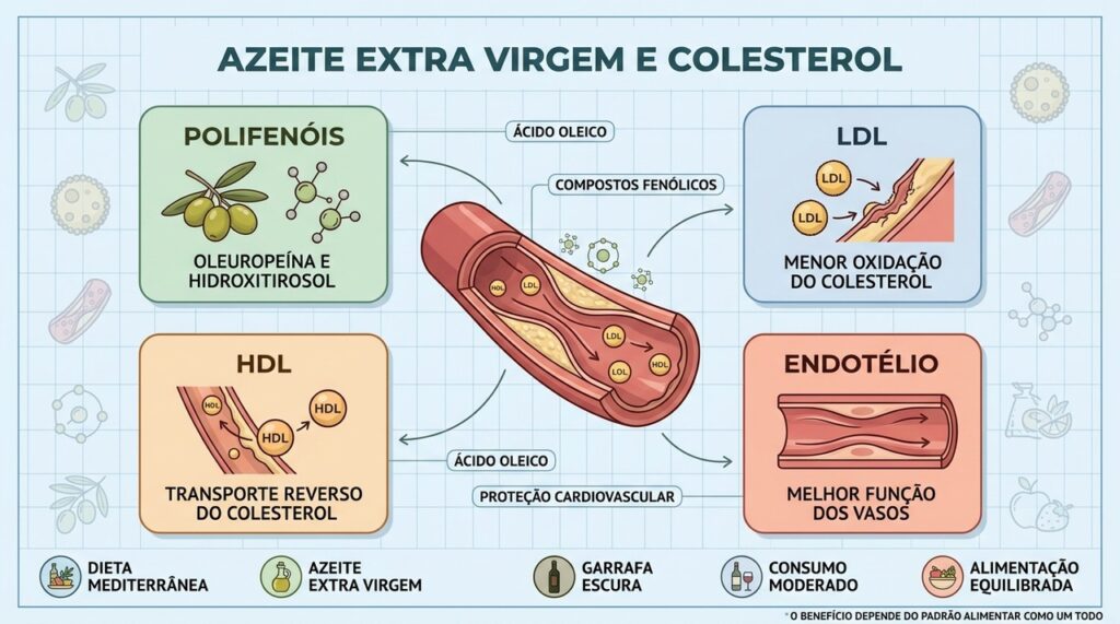 Polifenóis, LDL, HDL e endotélio explicam parte dos benefícios cardiovasculares do azeite.