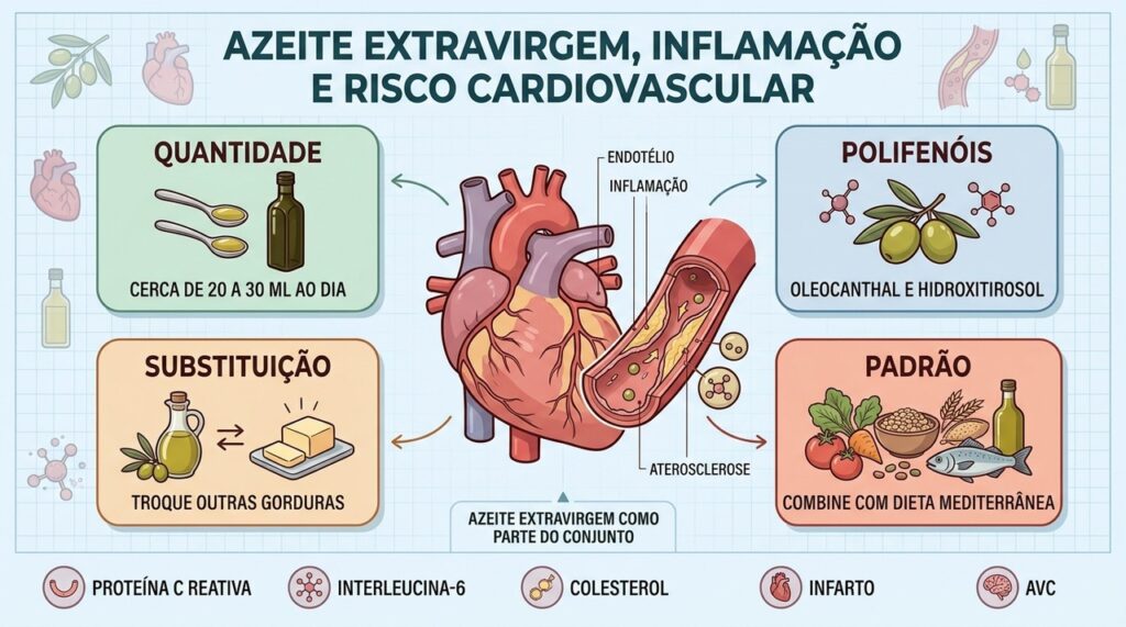 Quantidade, polifenóis, substituição e dieta mediterrânea sustentam os benefícios cardiovasculares do azeite.