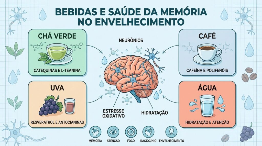Chá verde, café, uva e água representam estratégias complementares para apoiar a saúde cognitiva no envelhecimento.