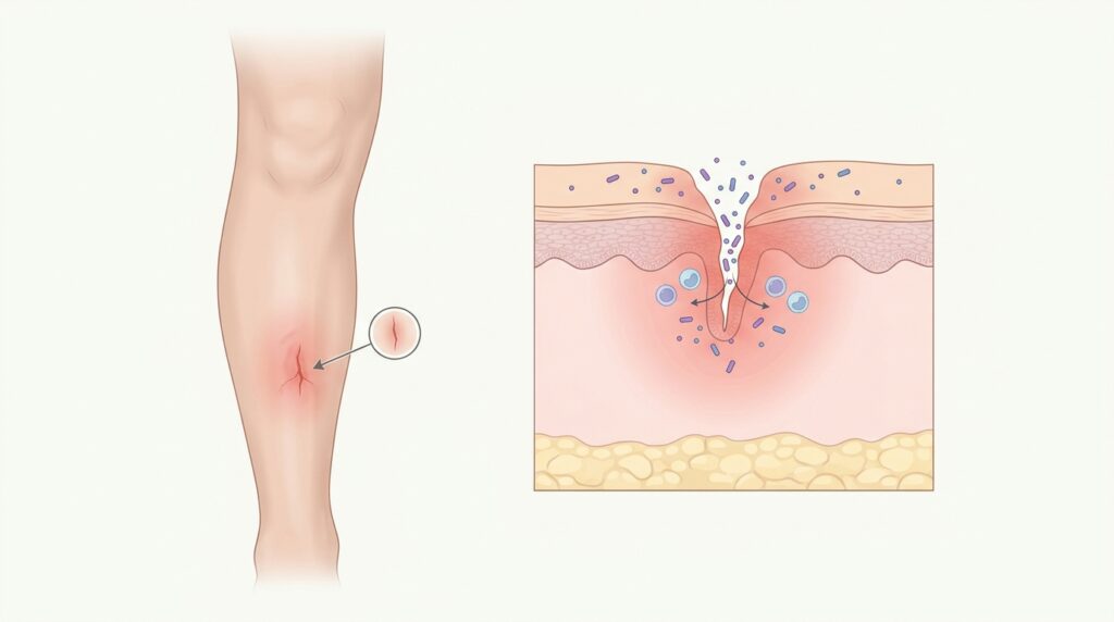 Pequenas feridas ou fissuras podem permitir a entrada de bactérias e favorecer a celulite infecciosa.