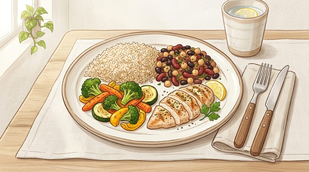 Combinar o arroz com fibras e proteínas ajuda a moderar a resposta glicêmica da refeição.