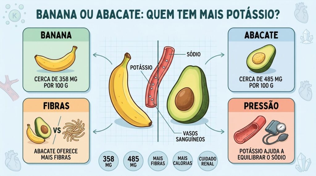 Abacate supera a banana em potássio, mas ambos cabem numa dieta equilibrada.