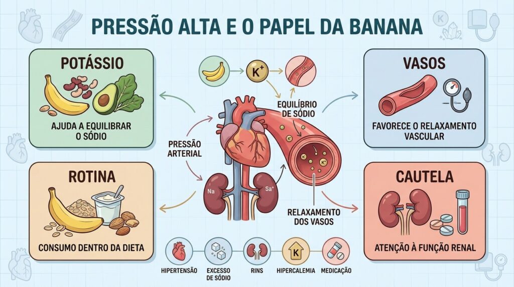Potássio, vasos, rotina alimentar e função renal influenciam o controle da hipertensão.