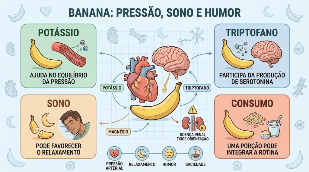 Potássio, triptofano, magnésio e consumo equilibrado resumem os principais benefícios da banana.