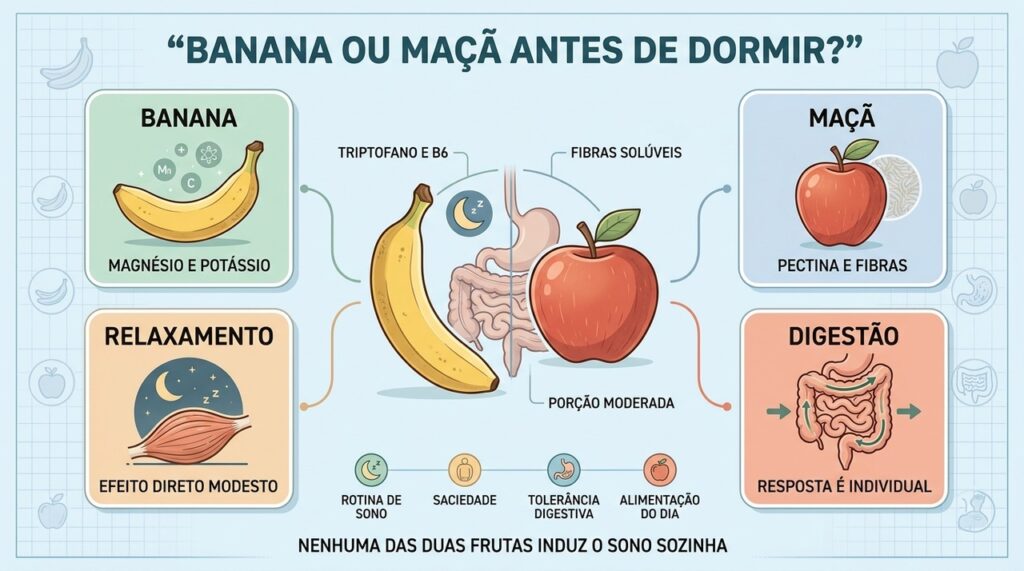 Banana favorece relaxamento, enquanto maçã contribui com fibras e suporte digestivo.