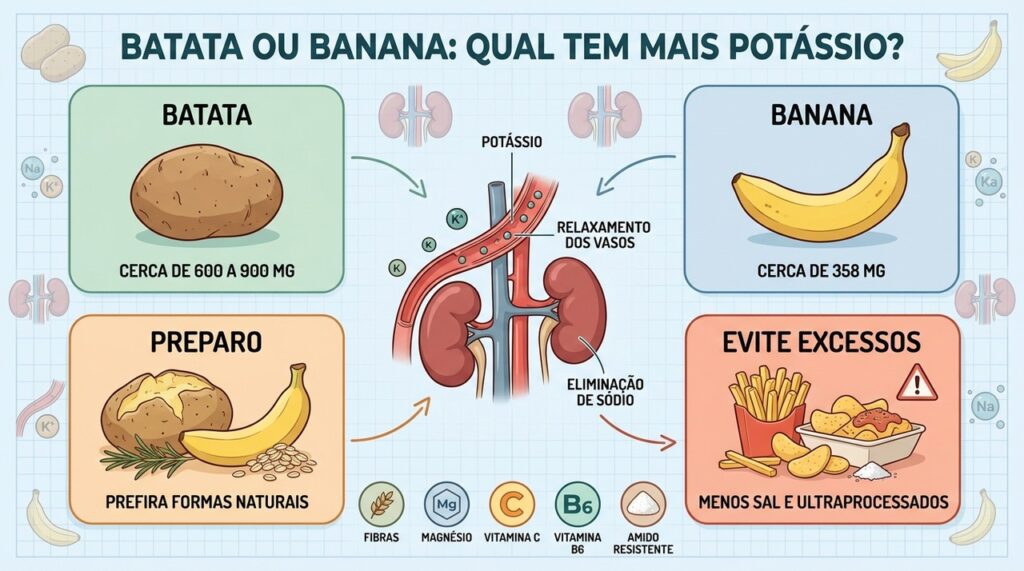 Batata concentra mais potássio por porção, enquanto banana também contribui para a dieta.Batata concentra mais potássio por porção, enquanto banana também contribui para a dieta.