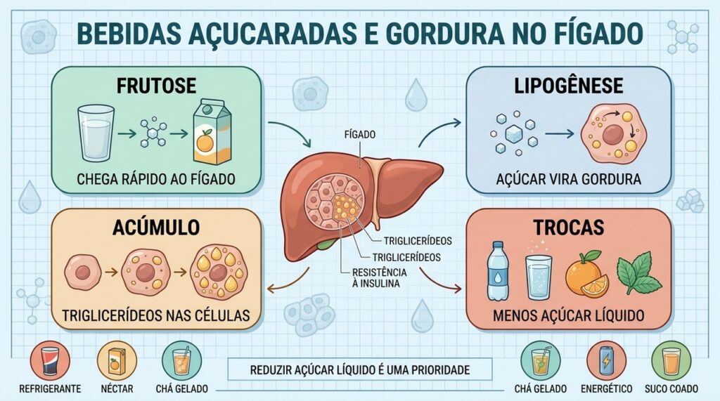Frutose líquida estimula lipogênese, triglicerídeos hepáticos e risco de esteatose.